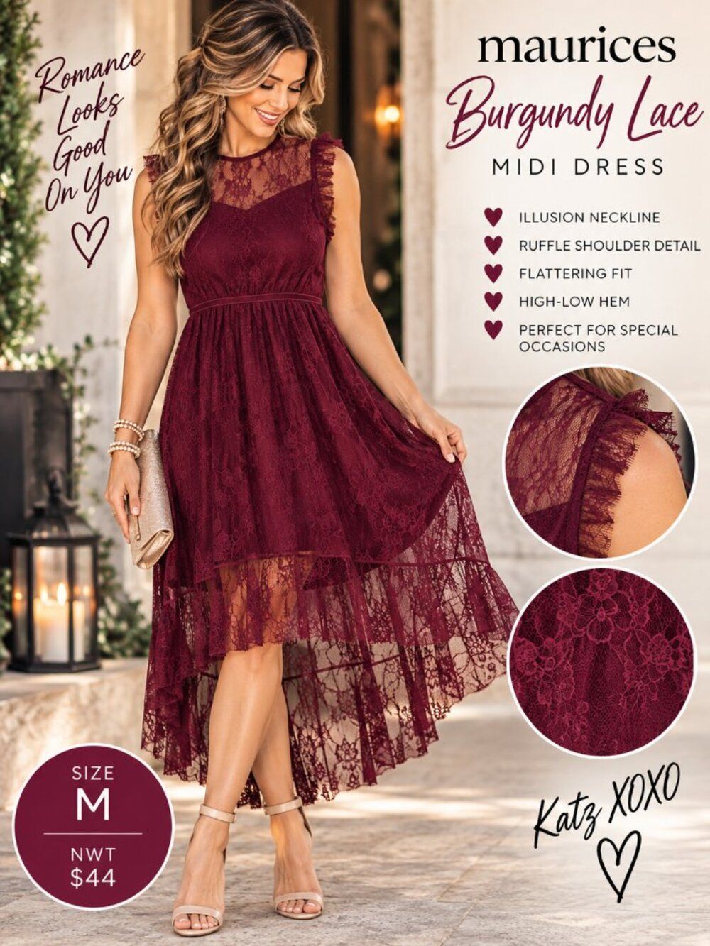 Maurices Burgundy Lace Midi Dress M NWT High Low Wedding Guest Holiday Romantic